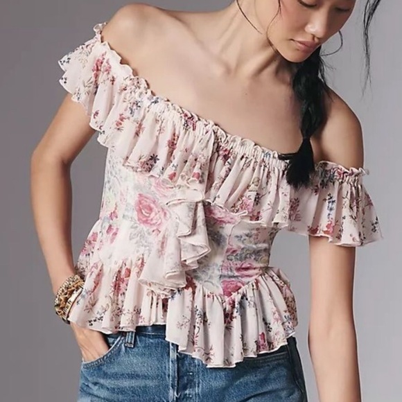 Anthropologie Tops - Anthropologie Off-the-Shoulder Floral Mesh Top